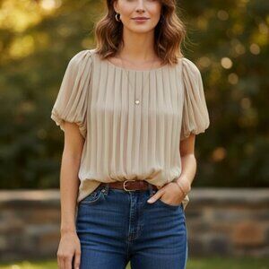 Miss Me MM Couture Silk Blouse Pleated Short Sleeve Taupe Beige Size Small